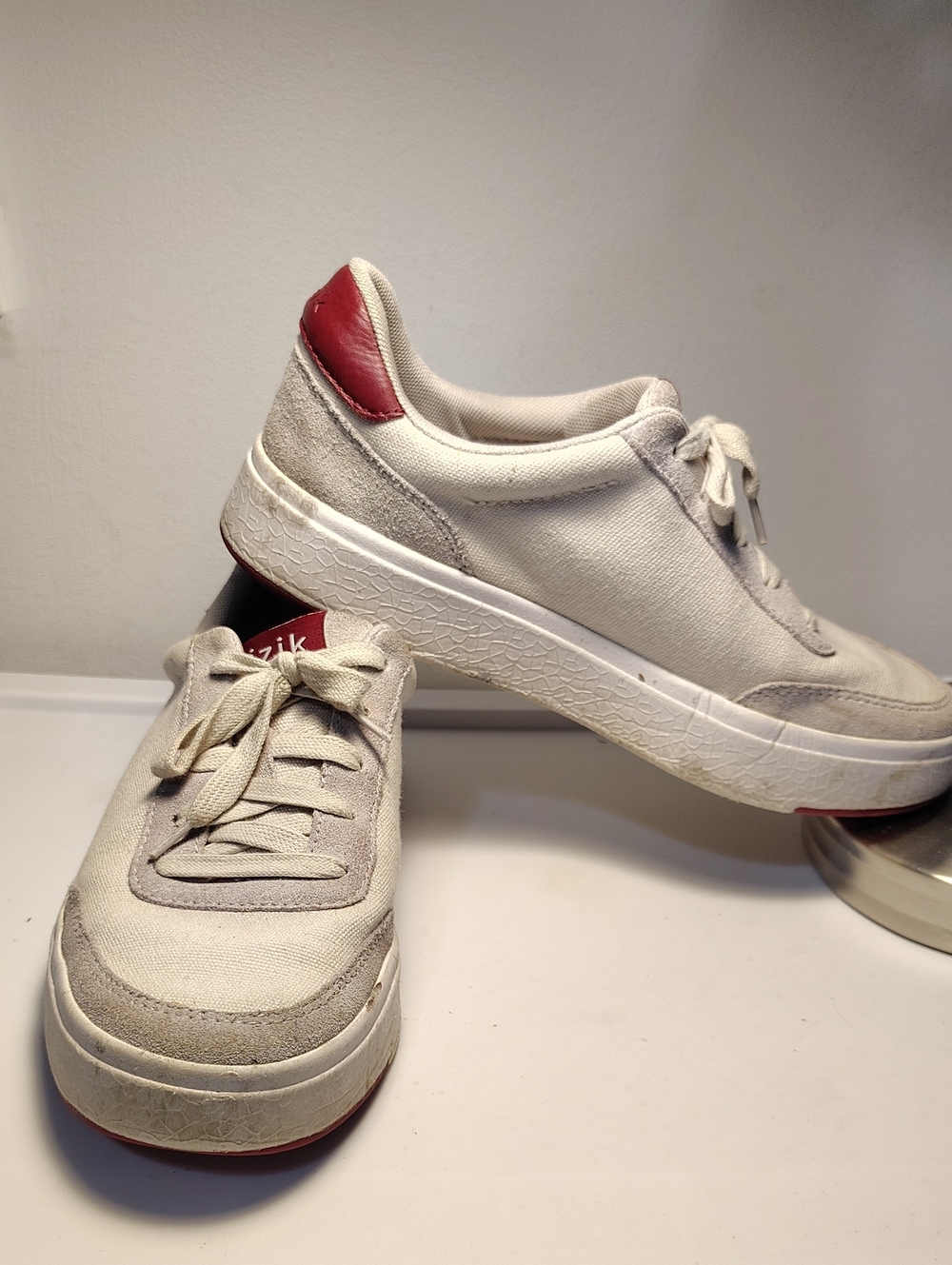 Women's Athletic Canvas Sneakers in Cream with Red Heel Accent